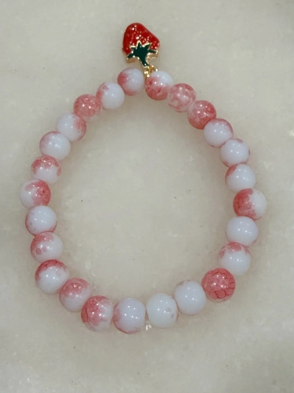 Strawberry Charm Pink Beaded Stretch Bracelet